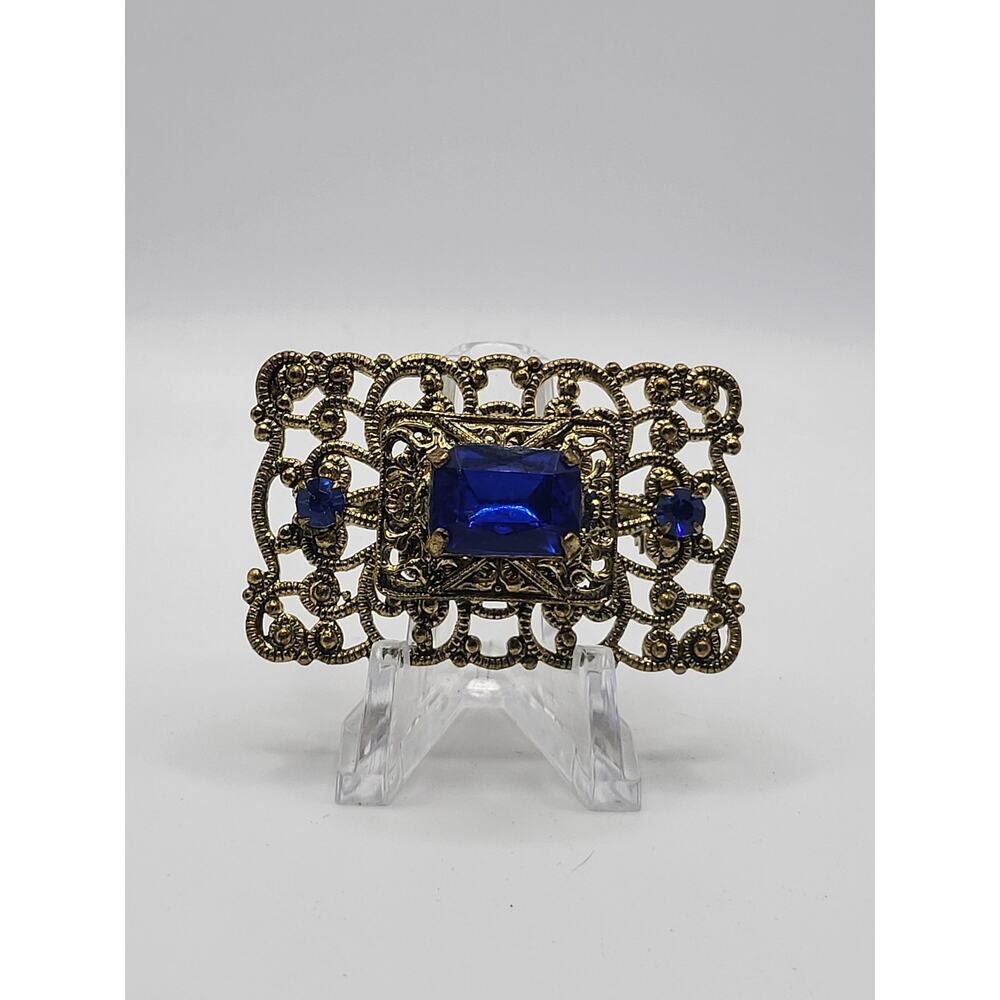 Vintage Gold Tone Filigree Brooch Blue Glass Stone Art Nouveau Style
